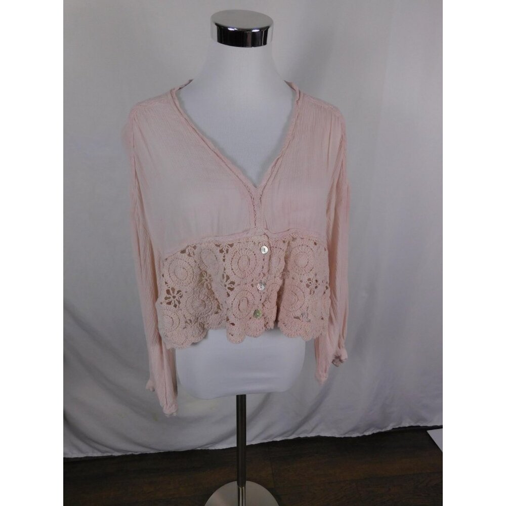 ICON Blouse Womens One Size Pink Crochet Lace Boho V Neck Long Sleeve Peplum